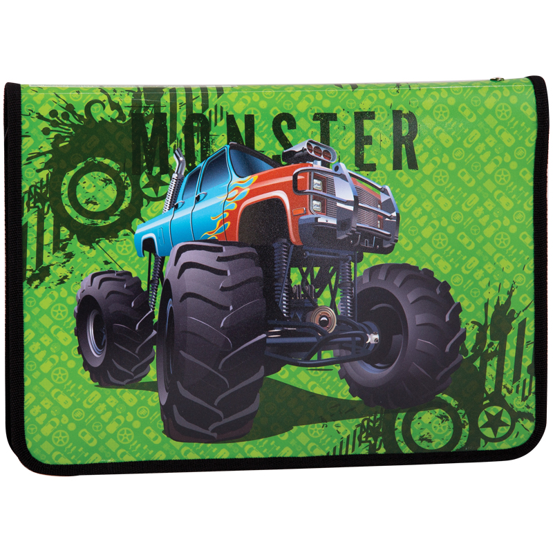 Папка для труда 1 отделение, А4, ArtSpace "Monster Truck", пластик, молния вокруг, откид. планка