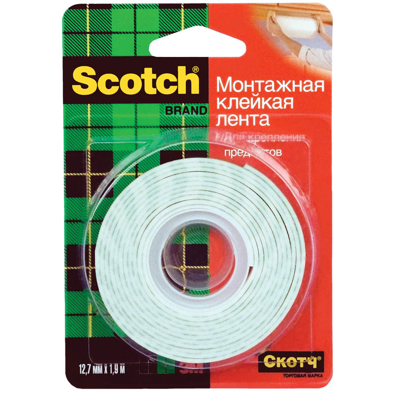 Клейкая лента монтажная Scotch, 12мм*1,9м, на вспененной основе