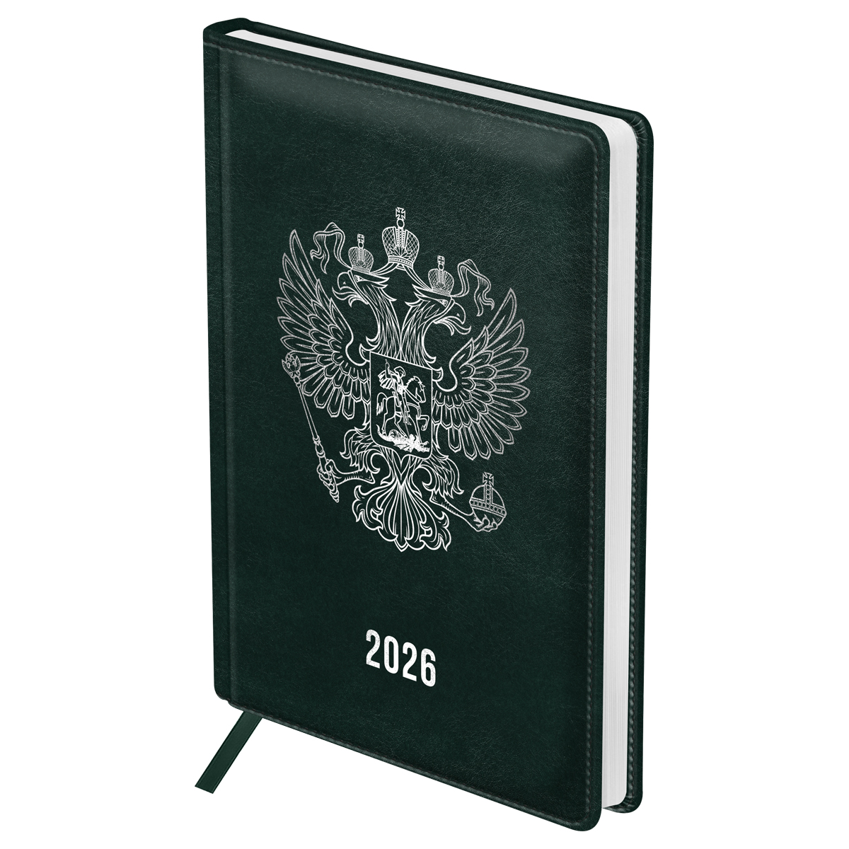 Ежедневник датированный 2026г., А5, 176л., твердый переплет, кожзам, BG "Орел", тёмно-зелёный