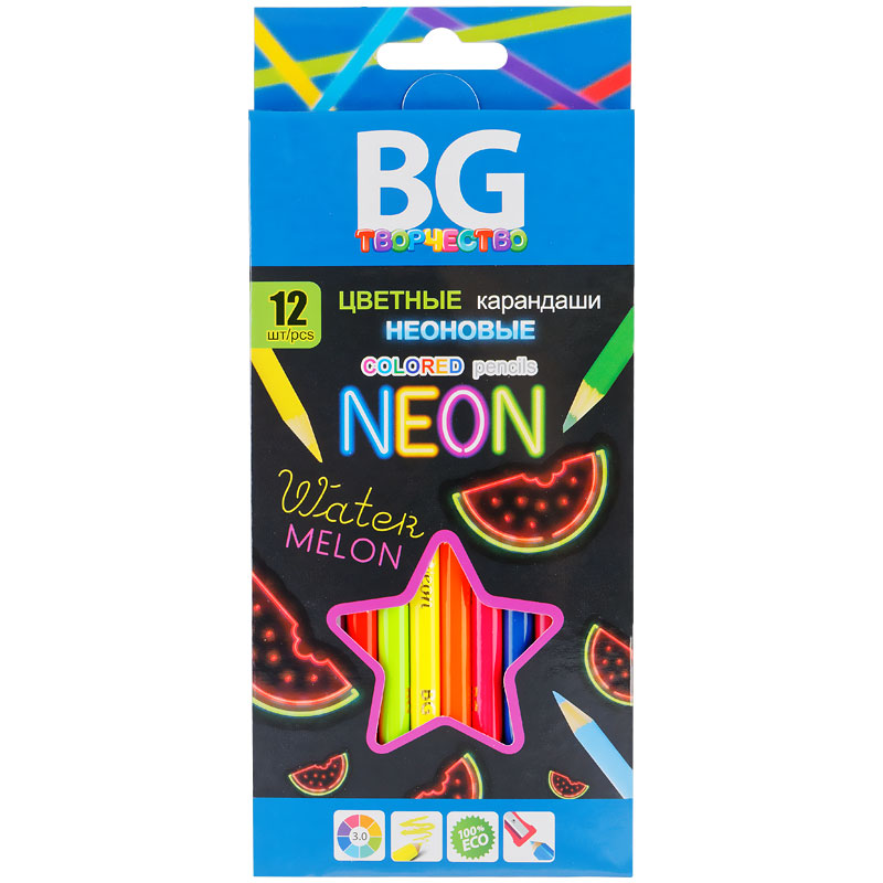 Карандаши цветные BG "Neon", 12цв., 3,0мм, европодвес