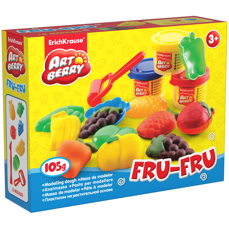 Набор для лепки ArtBerry "Fru-Fru", 03 цвета*35г, 6 формочек, стек, ролик для пластилина, картон