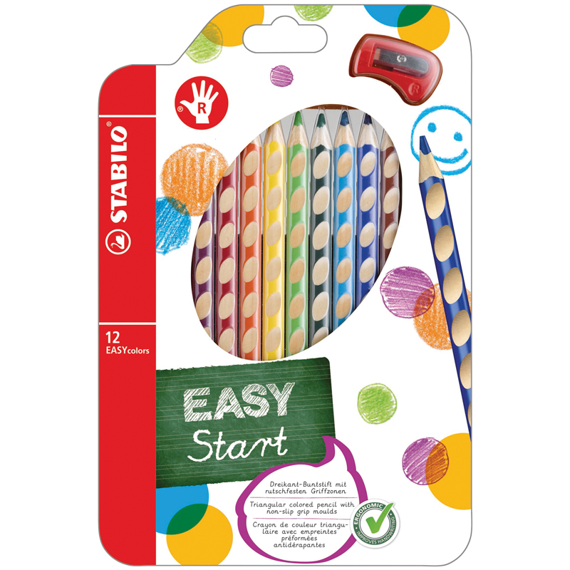 Карандаши цветные Stabilo "EasyColors" для правшей, 12цв.,трехг.,утолщ.,заточ.,картон,европ.,точилка