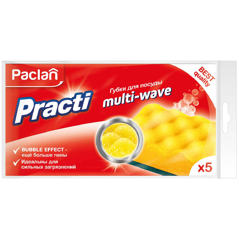 Губки для посуды Paclan "PractI Multi-Wave", поролон с абразивным слоем, 9,5*6,5*3,5см, 5шт