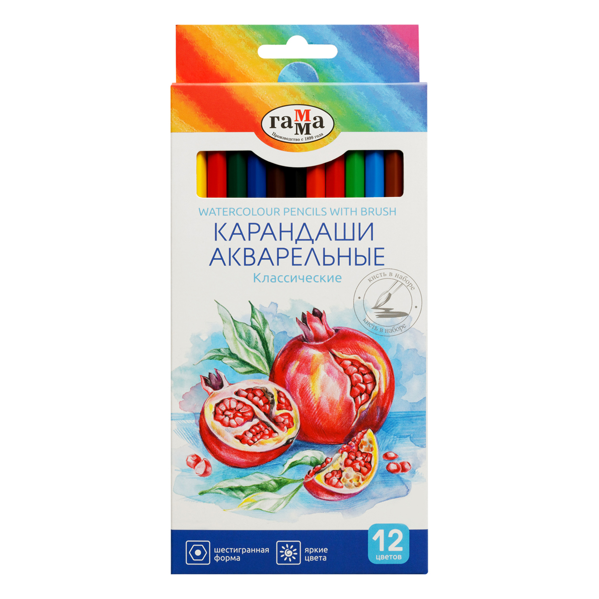 УЦЕНКА - Карандаши акварельные Гамма "Классические", 12цв., шестигранные, заточен., с кистью, картон. упак., европодвес (осн 356616)