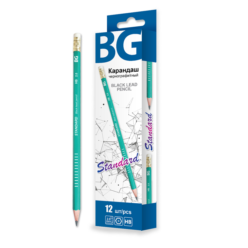 Карандаш ч/г BG "Standard" HB, с ластиком, шестигран., европодвес