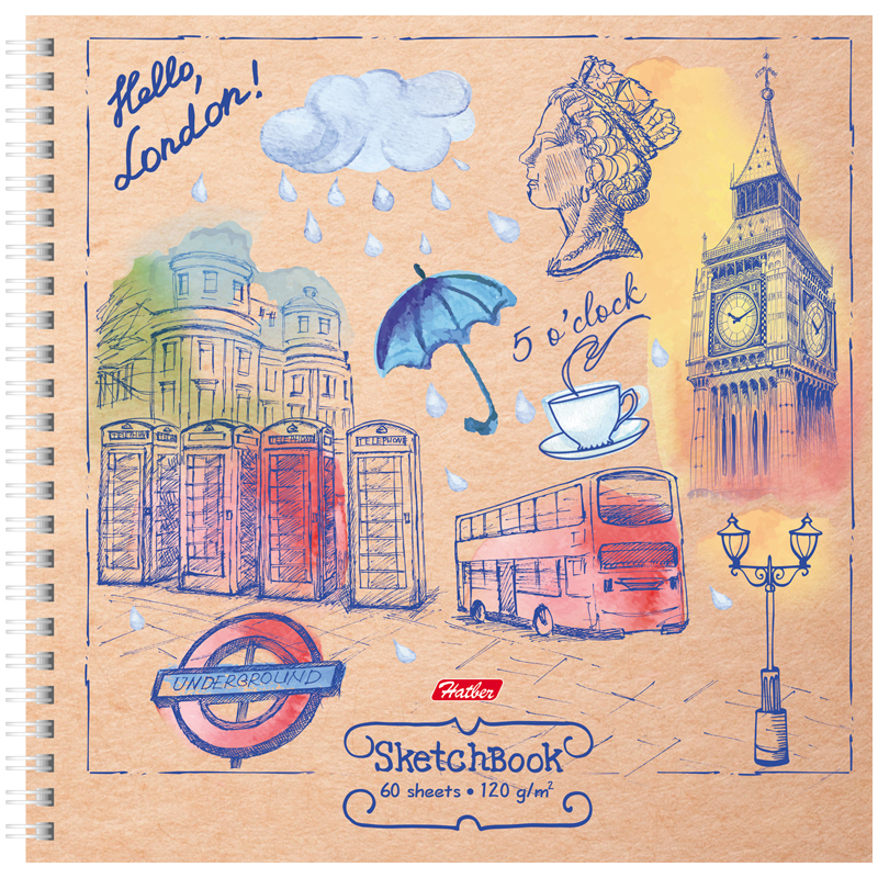 Скетчбук-тетрадь 60л 210*210мм на гребне Hatber "Hello, England!", 120г/м2, с твердой обложкой