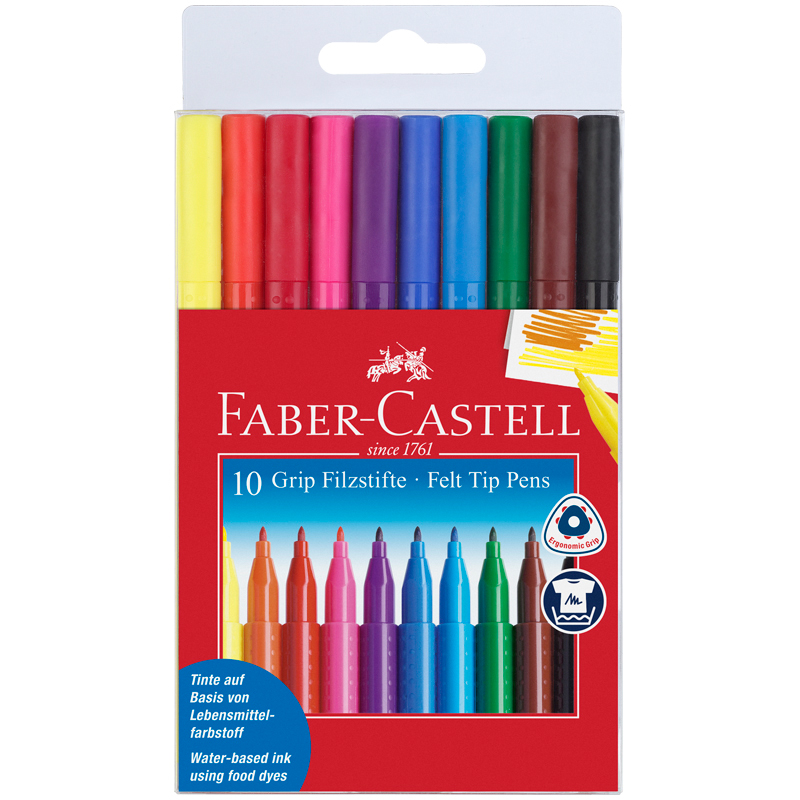 Фломастеры Faber-Castell "Grip", 10цв., трехгранные, смываемые, ПВХ, европодвес