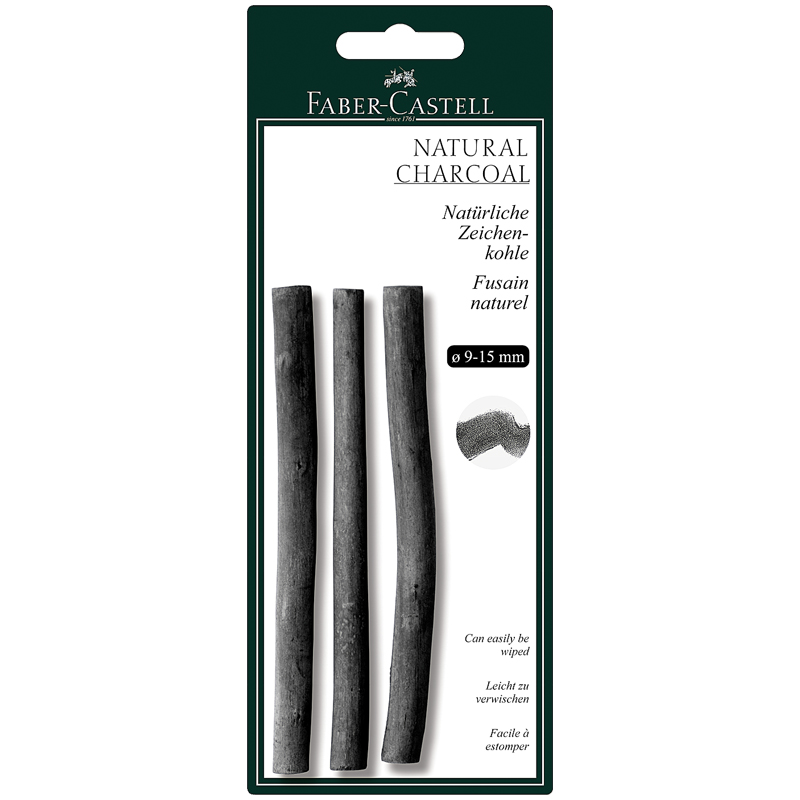 Уголь натуральный Faber-Castell "PITT Monochrome", круглый, 9-15 мм, 3 шт., блистер