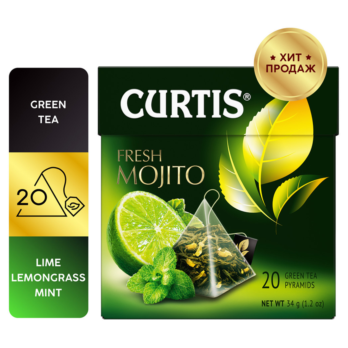 Чай Curtis "Fresh Mojito", зеленый с ароматом мохито, мятой, цедрой цитрусовых и лемонграссом, 20 пакетиков-пирамидок по 1,8г