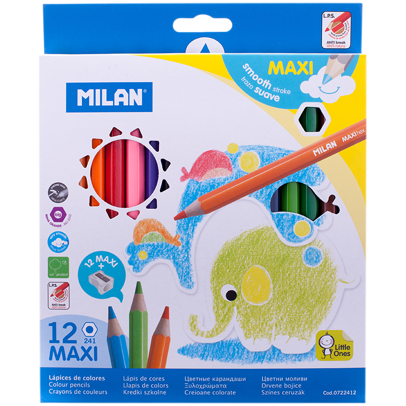 Карандаши цветные Milan "241 Maxi", 12цв., заточен., картон, европодвес, с точилкой