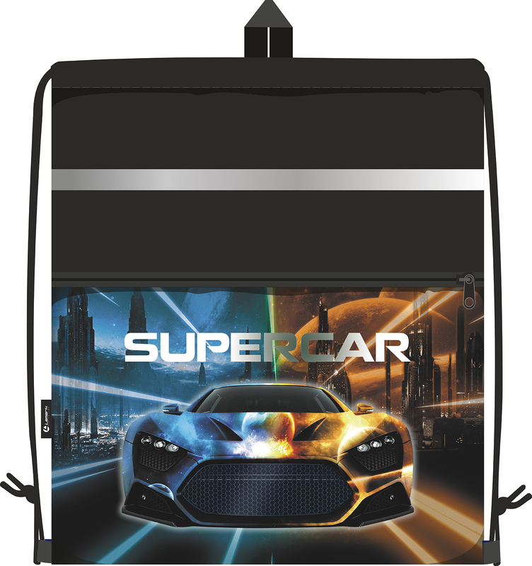 Сумка для сменной обуви Lamark Supercar/Суперкар, 41х48 см, на шнурке, карман на молнии, полноцветная печать на кармане, светоотражающая лента, ручка-петля