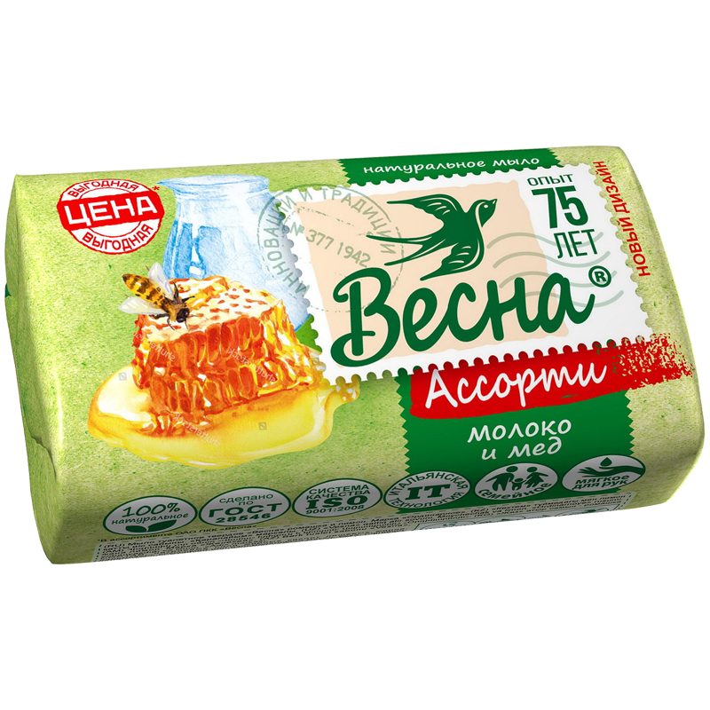 Мыло туалетное Весна 'Молоко и мед", бумажная обертка, 90г