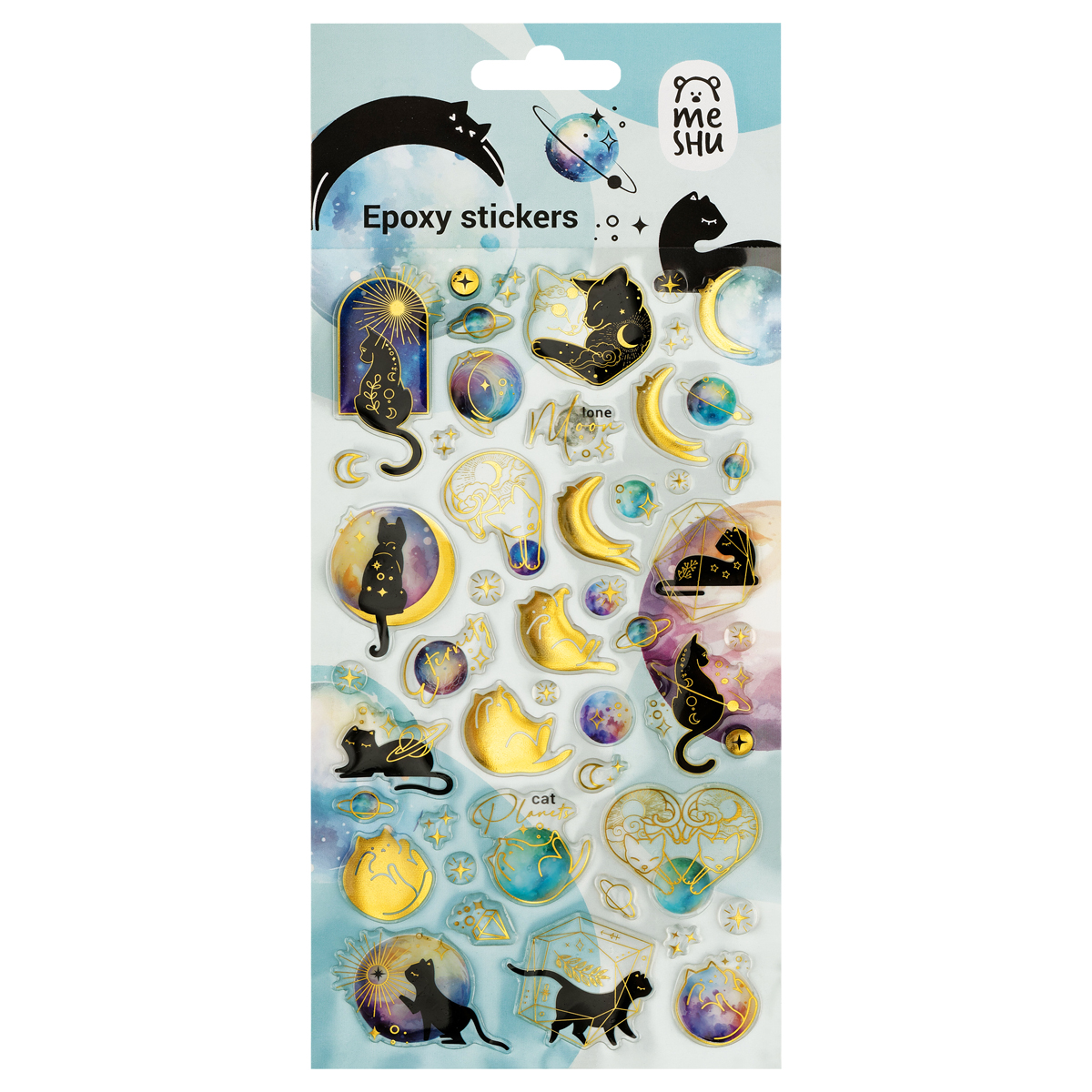 Наклейки гелевые MESHU "Moon cat", 10*23 см, с блестками, пакет европодвес