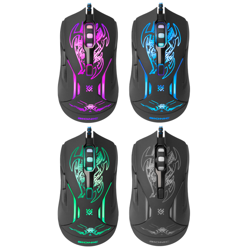 Мышь игровая Defender Bionic GM-250, USB, 800-3200dpi, с подстветкой, черный, 5btn+Roll, коврик