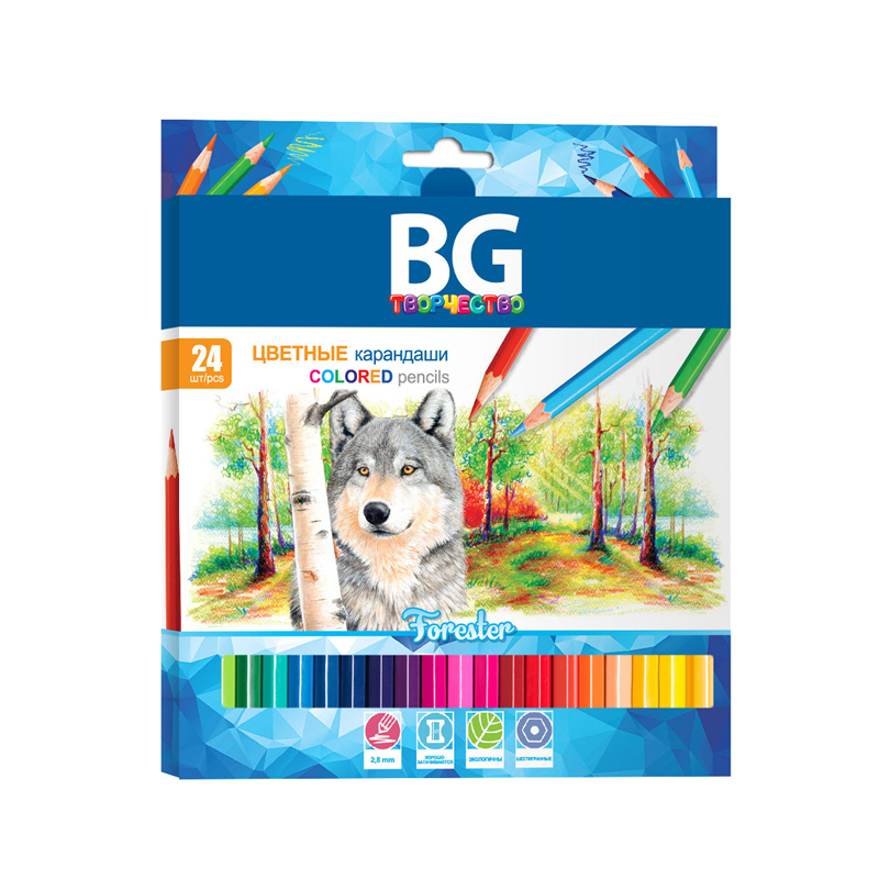 Карандаши цветные BG "Forester", 24цв., шестигранные, 2,8мм, европодвес