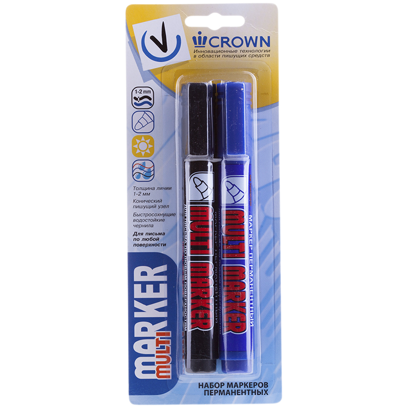 Маркер перманентный Crown "Multi Marker" 2шт. (синий+черный), пулевидный, 3мм