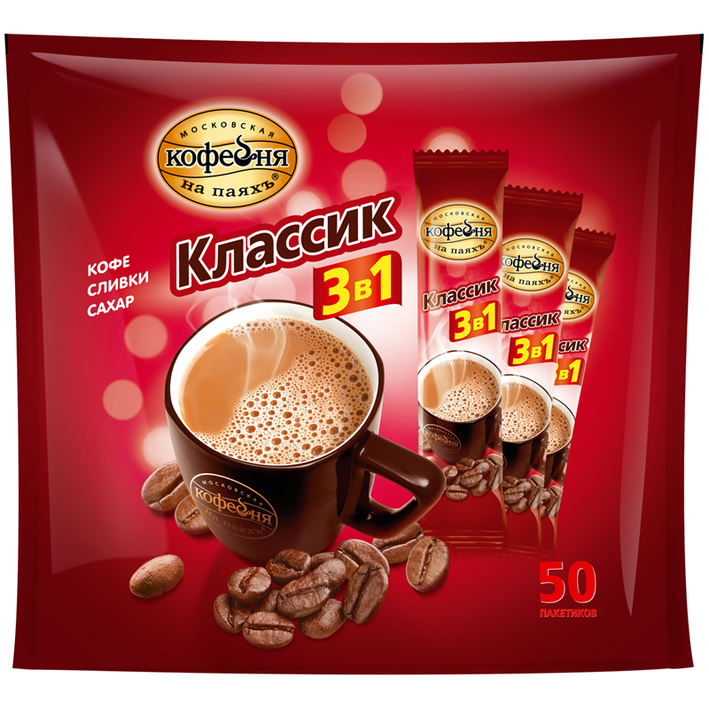 Кофе растворимый МКП "Крепкий", 3 в 1, порошкообразный, порционный, 50 пакетиков*16г, пакет