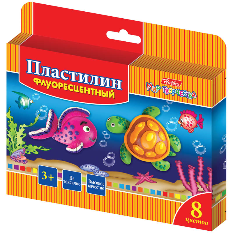 Пластилин Hatber "Морская семейка", 08 цветов, 120г, восковой, флуоресц., со стеком, картон, евро.