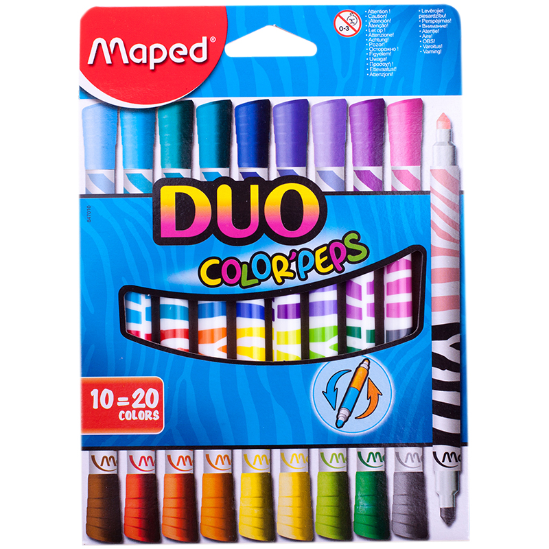 Фломастеры двусторонние Maped "Duo", 20цв., 10шт., двуцветные, трехгран., смываемые, картон, европ.