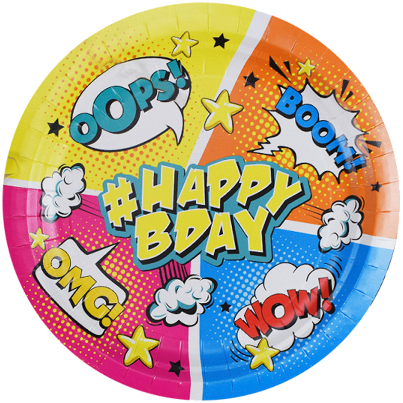 Тарелки бумажные ламинированные ПатиБум "Комиксы. HappyBday", 18см, 6шт., европодвес