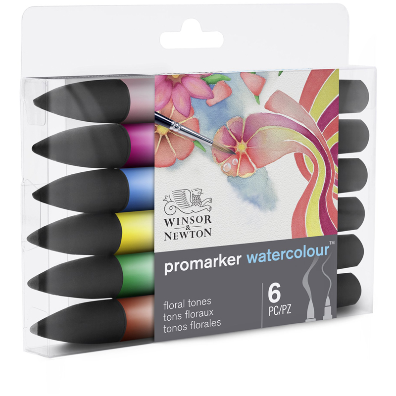 Набор акварельных двухсторонних маркеров-кистей, Winsor&Newton "Watercolour Promarker", пулевидный/кисть, 6цв. (цветочные оттенки)