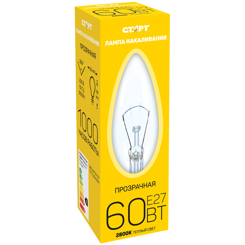 Лампа накаливания Старт ДС 60W, E27, прозрачная свеча
