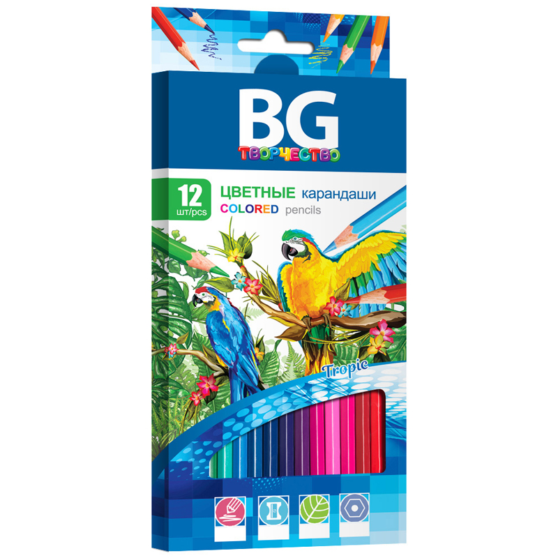 Карандаши цветные BG "TROPIC", 12 цв, шестигранные, 3.0 мм, европодвес