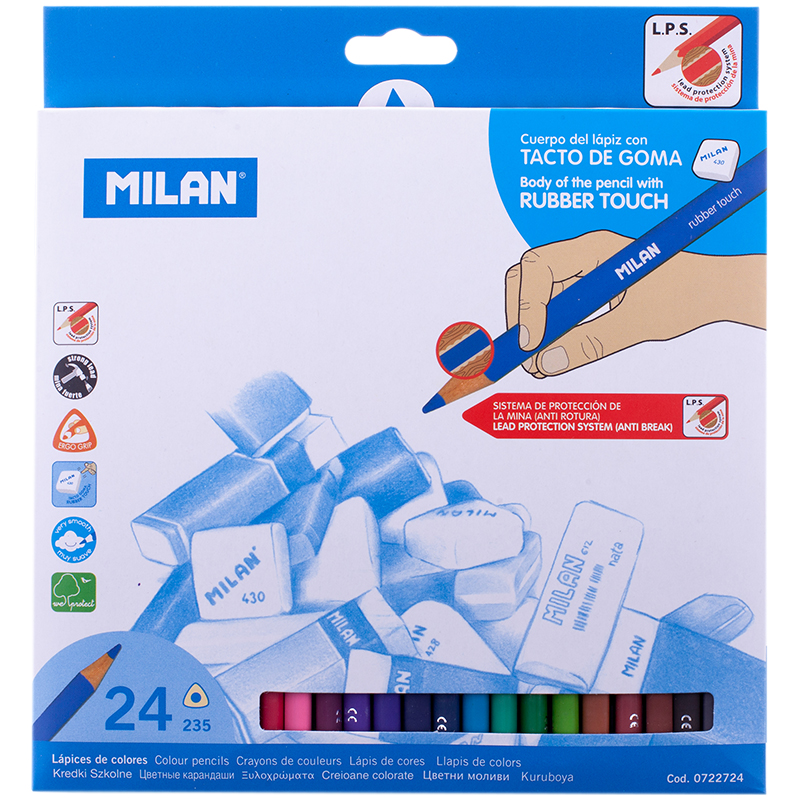 Карандаши цветные Milan "235", 24цв., Rubber Touch, трехгран., заточен., картон, европодвес