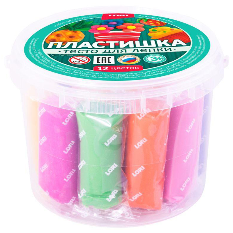 Тесто для лепки Lori "Пластишка", 12 цветов*24г, пластиковый стакан