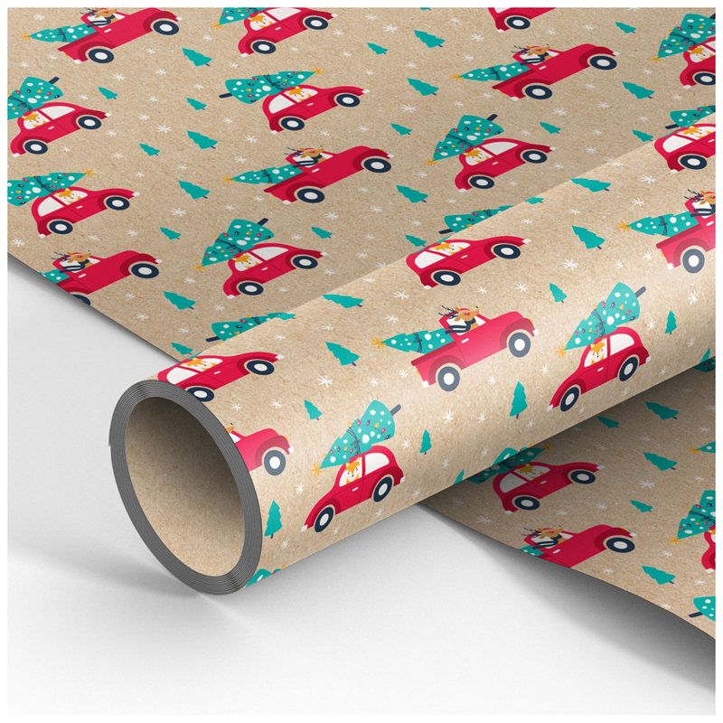 Упаковочная бумага крафт 70*100см, MESHU "Christmas car ", 70г/м2
