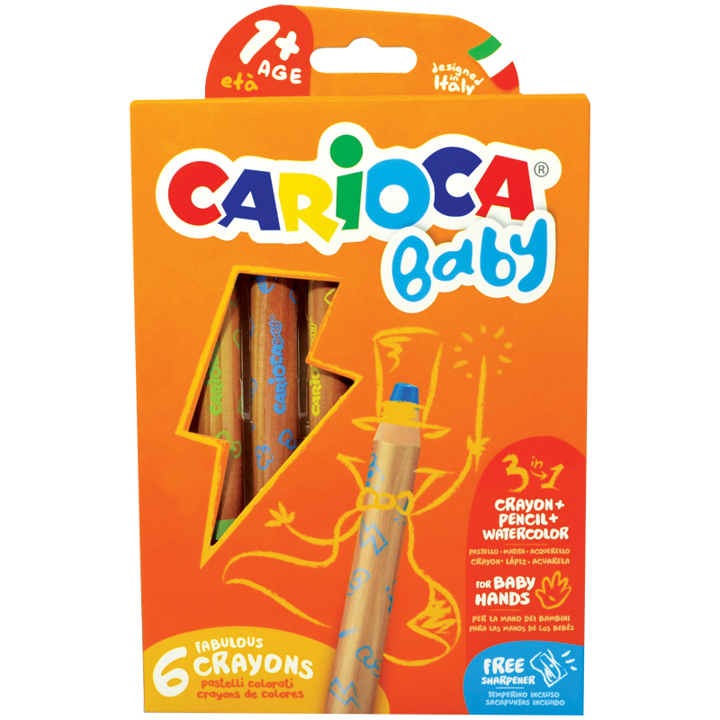 Карандаши восковые Carioca "Baby", 06цв., деревянный корпус, точилка, картон, европодвес