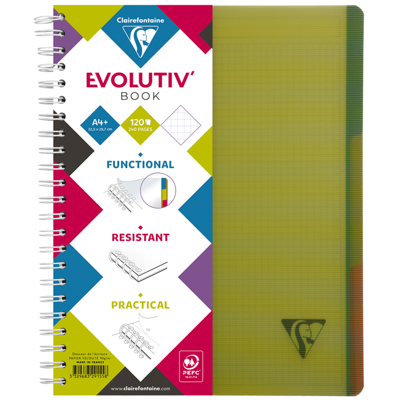 Бизнес-тетрадь 120л., А4+, клетка на гребне Clairefontaine "Evolutiv'Book", пластик. обложка, зеленая, 90г/м2