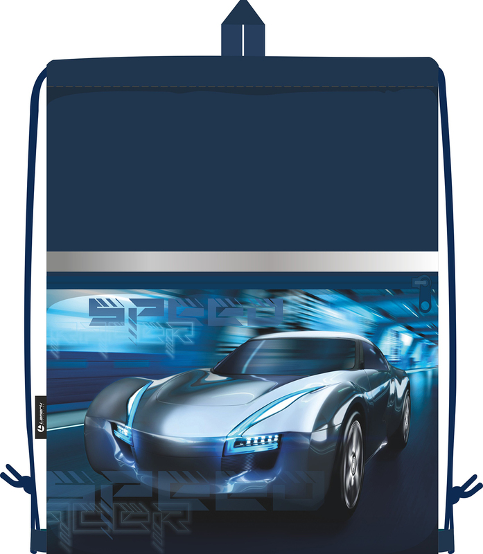 Сумка для сменной обуви Lamark Speed Racer/Скоростной гонщик, 33х42 см, на шнурке, карман на молнии, полноцв. печать на кармане, светоотр. лента, ручка-петля