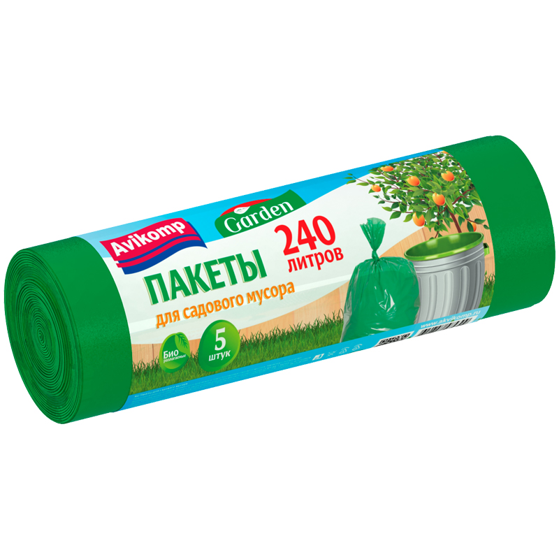Мешки для мусора 240л Avikomp ПВД, 90*140см, 43мкм, 5шт., зеленые, в рулоне