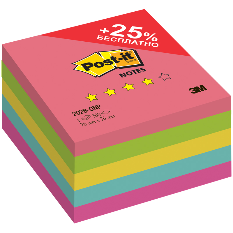 Самоклеящийся блок Post-it ORIGINAL "Лето Плюс", 76*76мм, 5 цветов*100л