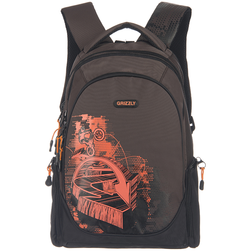 Рюкзак Grizzly 28*44*23,5, 3 отделения, 2 кармана, коричневый/оранжевый, с эргономичной спинкой