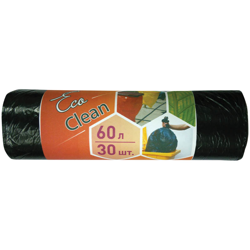 Мешки для мусора  60л КБ "Ecoclean" ПНД, 58*65см, 6мкм, 30шт, черные, в рулоне