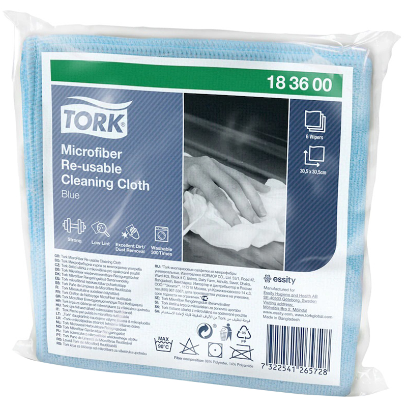 Салфетки для уборки Tork, набор 6шт., микрофибра, 30*30см, синий