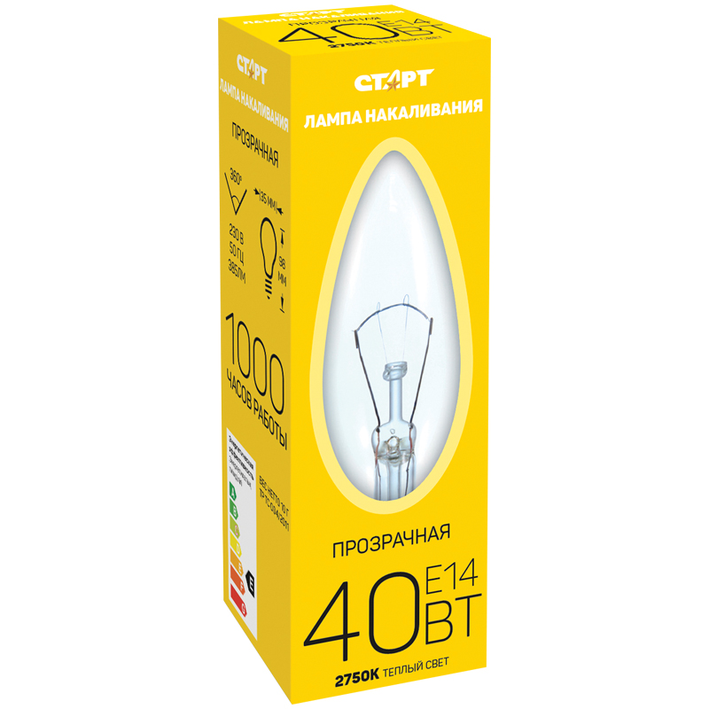 Лампа накаливания Старт ДС 40W, E14, прозрачная свеча