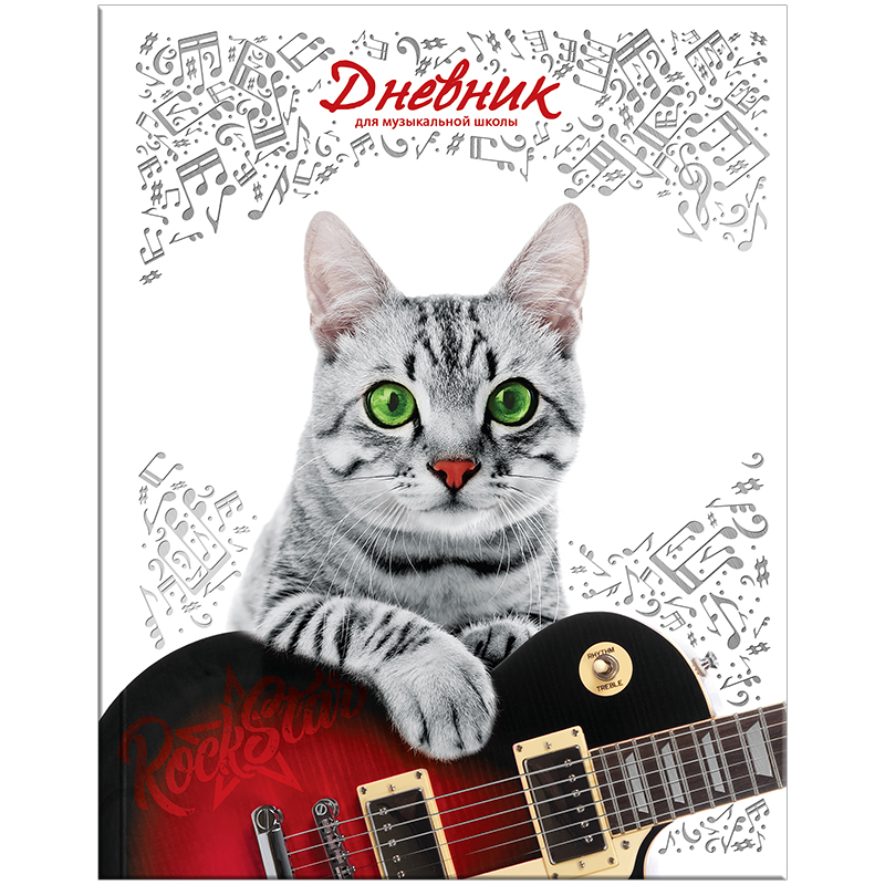 Дневник для музыкальной школы 48л. (твердый) "Котик.Rockstar", глянцевая ламинация, тиснение фольгой