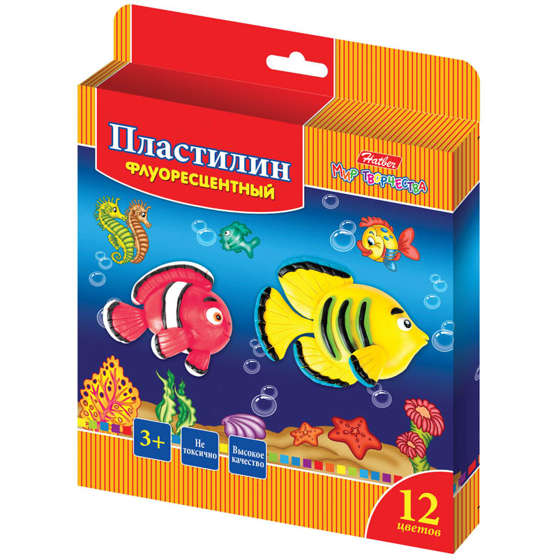 Пластилин Hatber "Морская семейка", 12 цветов, 180г, восковой, флуоресц., со стеком, картон, евро.