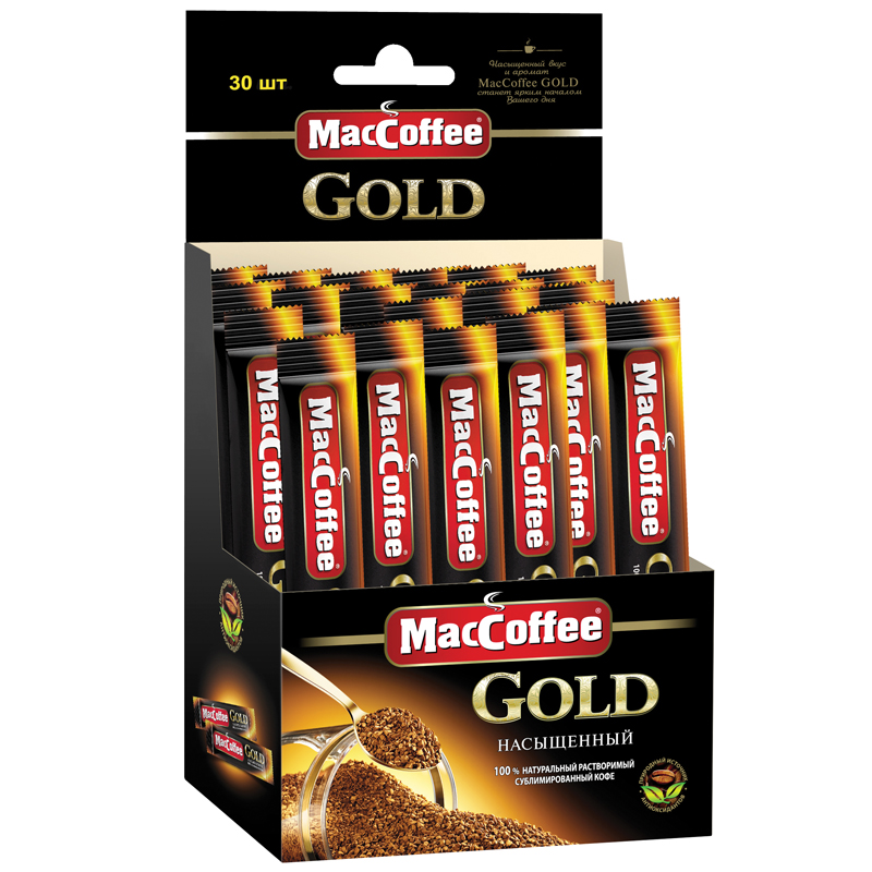 Кофе растворимый MacCoffee "Gold", сублимированный, порционный, 30 пакетиков*2г, картон. бокс