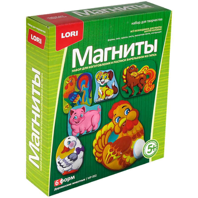 Набор для изготовления магнитов из гипса Lori "Деревенские животные", картонная коробка
