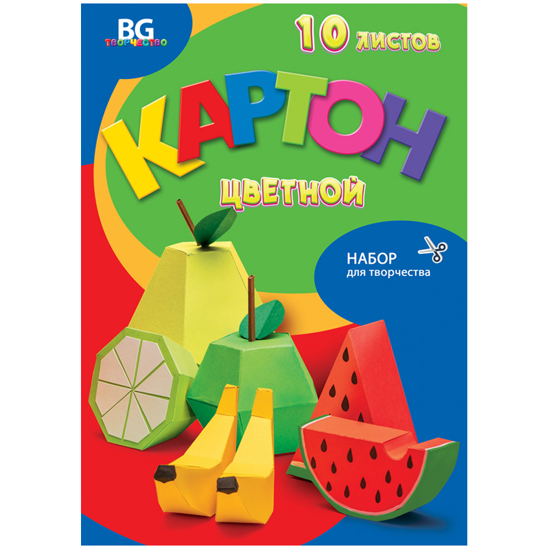 Картон цветной А4, BG, 10л., 10цв., мелованный, в папке, "Фрукты"