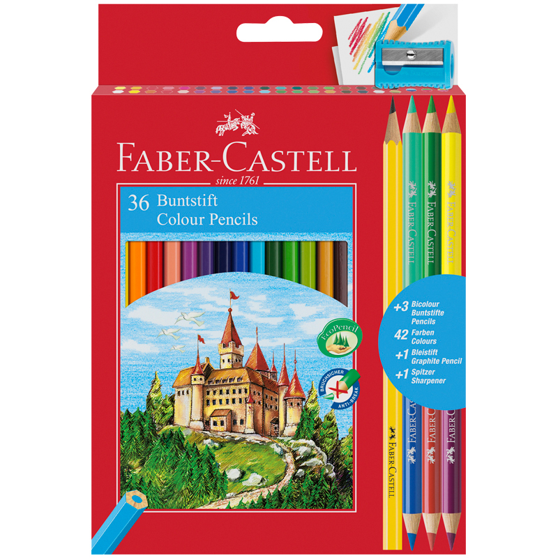 Карандаши цветные Faber-Castell "Замок", 42цв., 36+3+1шт., заточен., картон, европодвес, с точилкой