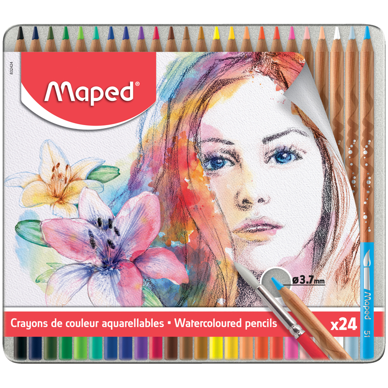 Карандаши акварельные Maped 24цв.+кисть, заточен., метал. пенал