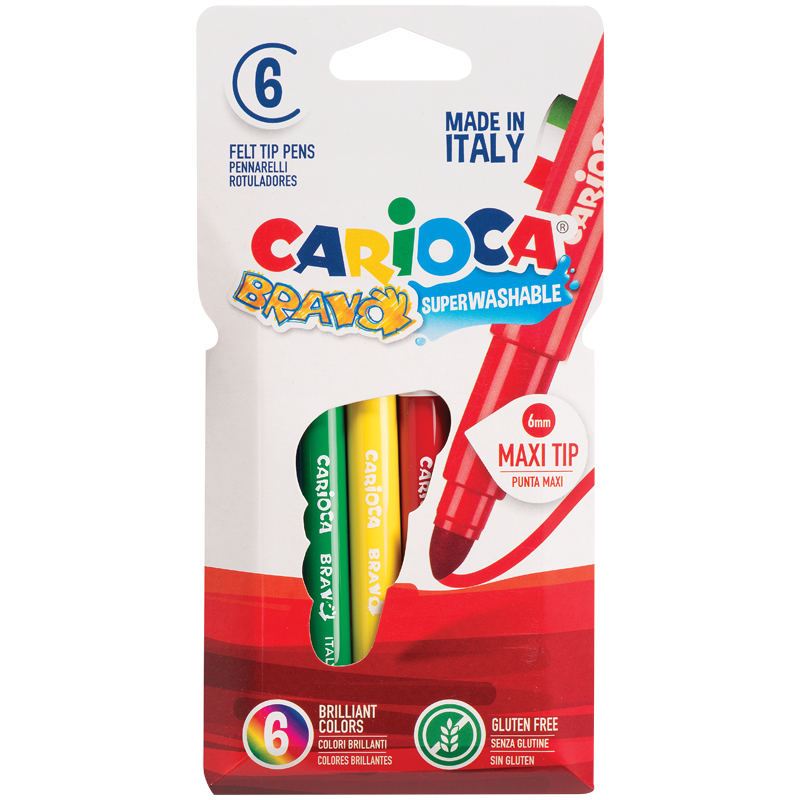 Фломастеры Carioca "Bravo", 06цв., утолщенные, смываемые, картон, европодвес