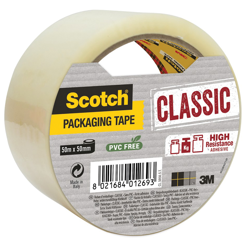 Клейкая лента упаковочная Scotch "Classic. Hot Melt", 50мм*50м, 43мкм, прозрачная