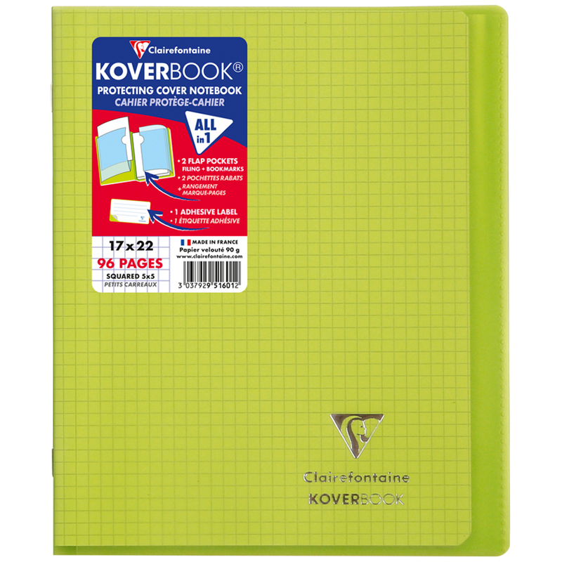 Бизнес-тетрадь 48л., 170*220мм, клетка Clairefontaine "Koverbook", пластик. обложка, зеленая, 90г/м2