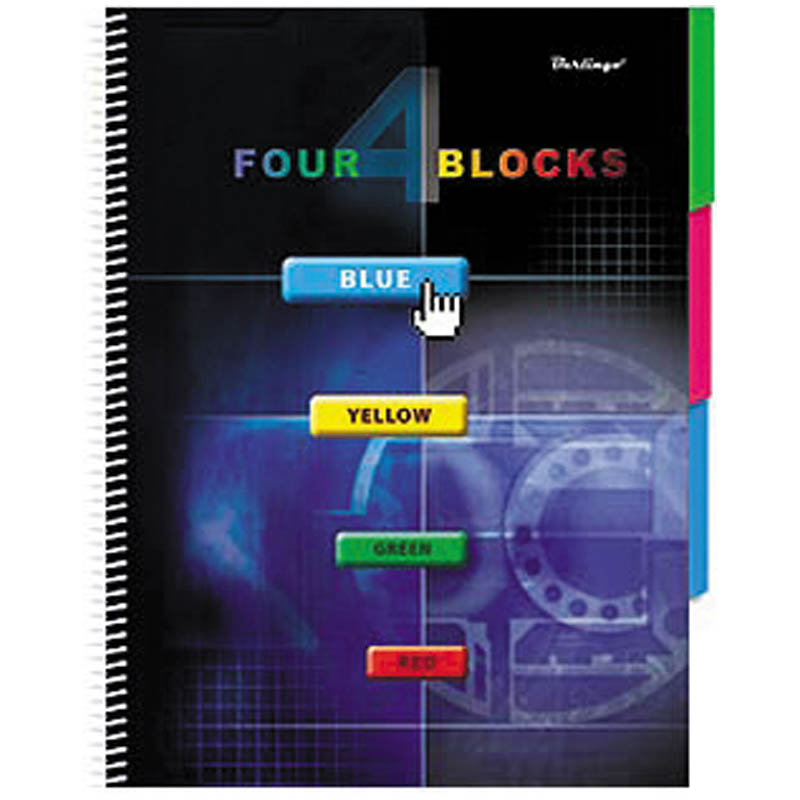Тетрадь 160л., А4, клетка на спирали Hatber "Four Blocks-кнопки", с разделит., карман, тверд. обл.